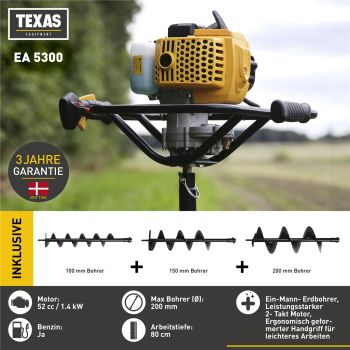 TEXAS Erdbohrer Erdlochbohrer Benzin Pfahlbohrer Erdbohrgerät EA5300 52ccm 1,9PS | 3 Bohraufsätze inklusive 