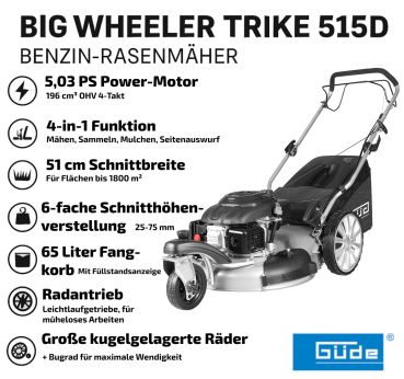 GÜDE Premium Rasenmäher Trike Benzin mit Antrieb Big Wheeler Trike 515D 4in1 4-Takt | 196cm³ | 5,03PS | 51cm | 1800m² | Mulchkeil