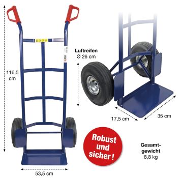 HBH® Sackkarre 200kg Luftreifen TK200LU01 blau Transportkarre mit Luftrad  *** stabile und festverschweißte Ladeschaufel ***
