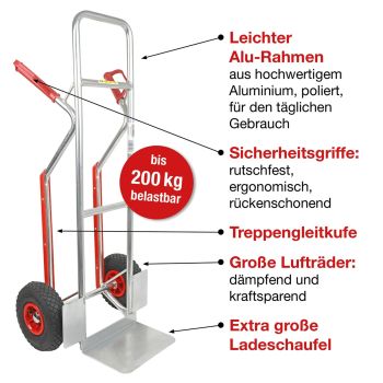 HBH® Sackkarre Alu 200kg Luftreifen TK200ALU04 Aluminium Transportkarre Luftrad  
