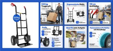 HBH Profi Schwerlast Sackkarre robuste Transportkarre 320kg pannensicher PU-Rad  