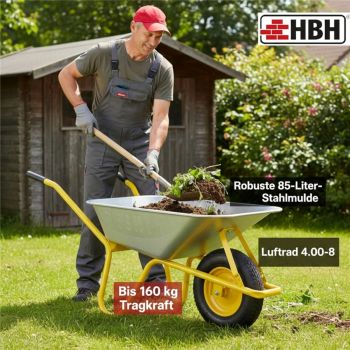 HBH® Schubkarre 85 Liter Garten Farbe gelb Profi Gartenschubkarre Luftrad 160kg 