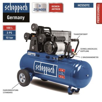 Scheppach Kompressor HC550TC Druckluft 10bar 100L Riemenantrieb 3-Zylinder 400V 
