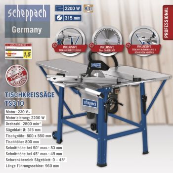 SCHEPPACH TS310 Tischkreissäge Kreissäge Tischsäge Holzsäge mit 2.Sägeblatt 230V 