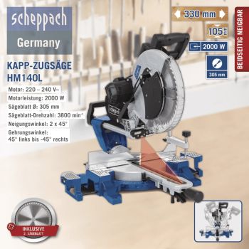 Scheppach Kappsäge Gehrungssäge Zugsäge HM140L mit 2. Sägeblatt Laser 2000W