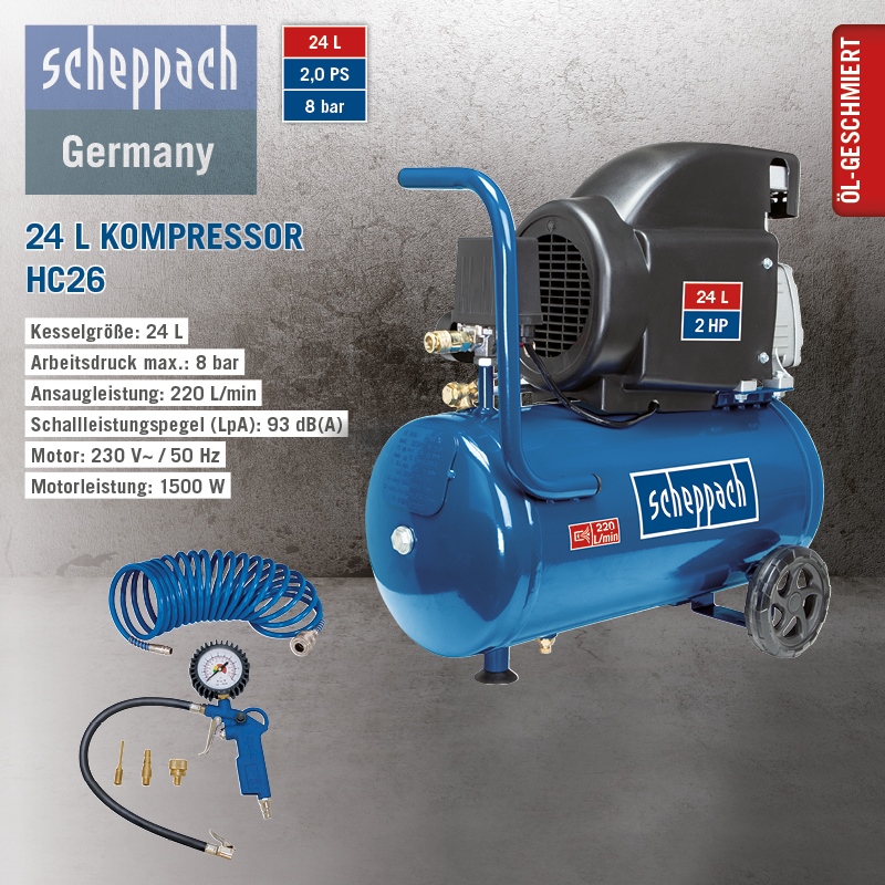 Scheppach Druckluft Kompressor 8L Luftkompressor 8bar ölgeschmiert 1,5PS HC08 
