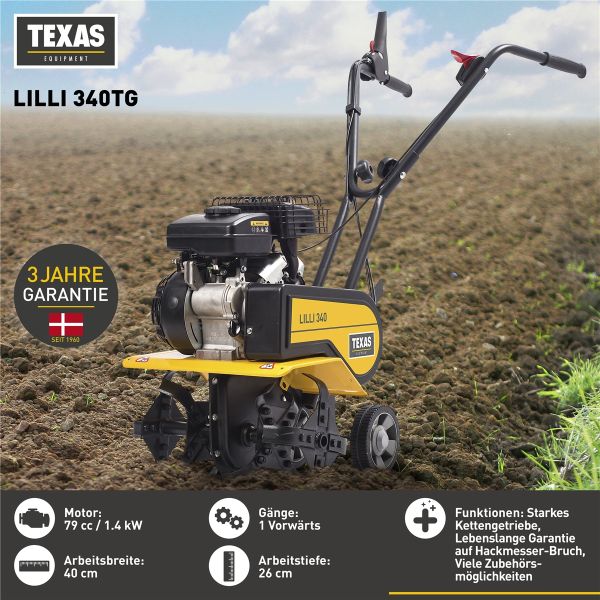 TEXAS Gartenfräse Motorhacke Bodenhacke Bodenfräse Pflug Benzin Lilli 340TG 