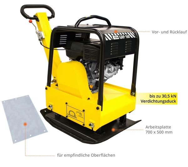 GÜDE GRP 160 Rüttelplatte Verdichter Rüttler Fahrwerk PU-Platte 180kg 30kN  