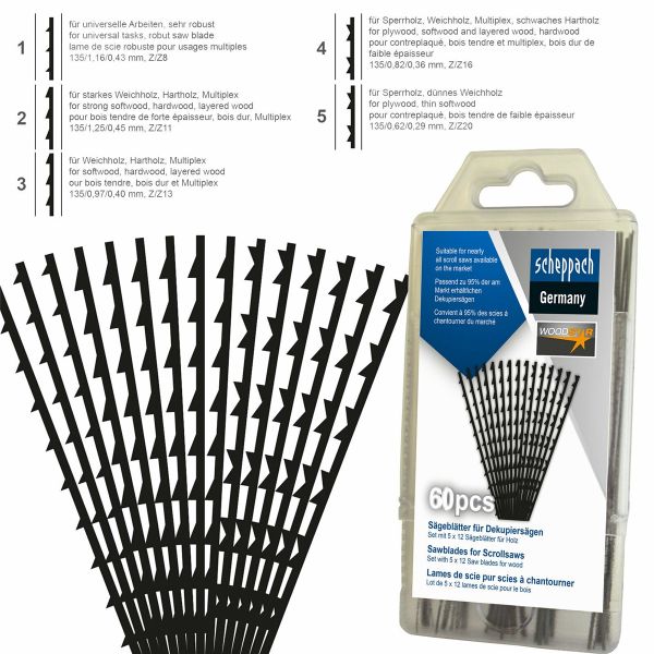 SCHEPPACH Universal Sägeblätter 60 Stk für Dekupiersäge 130x75x16 *2.WAHL* 