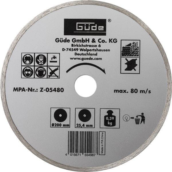 GÜDE Diamanttrennscheibe 200 x 25,4 mm Trennscheibe für Fliesenschneider RFS 200 