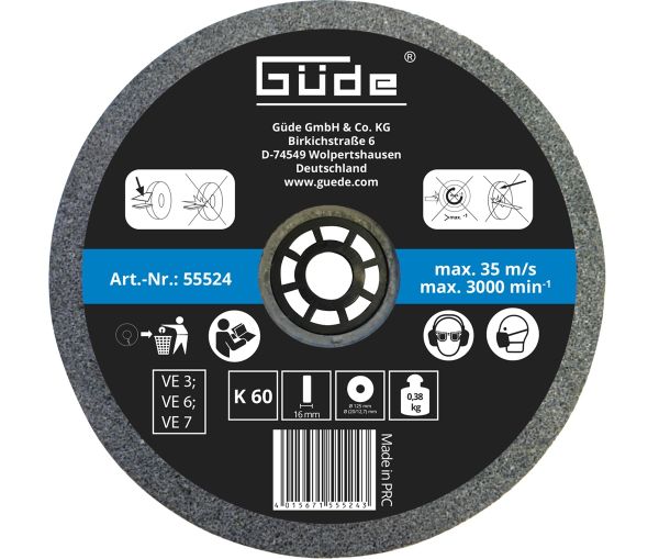 GÜDE Schleifscheibe Ersatzscheibe 125x16x20mm K60 für Doppelschleifer GDS 125-12 