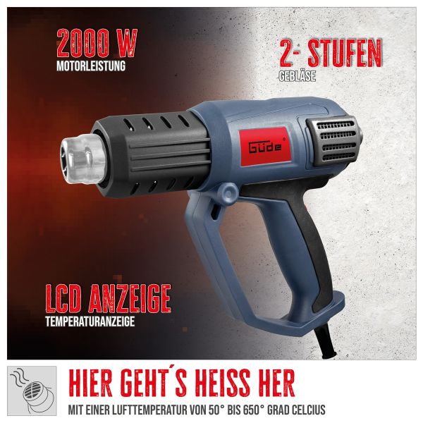 GÜDE Heissluftgebläse HLG 650-2000 LCD Anzeige Heissluftpistole 650 Grad 2000W 