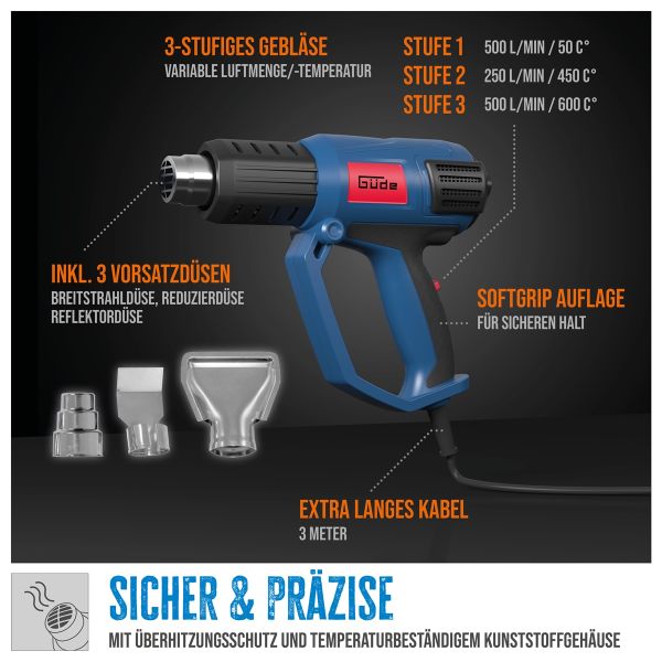 GÜDE Heissluftgebläse HLG 600-2000 3 Stufen Heissluftpistole 600 Grad 2000W 