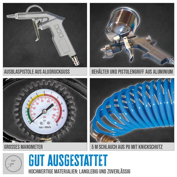 GÜDE Kompressor Zubehörset 4 Teilig Reifenfüller Luftpistole 5m Schlauch Metall 
