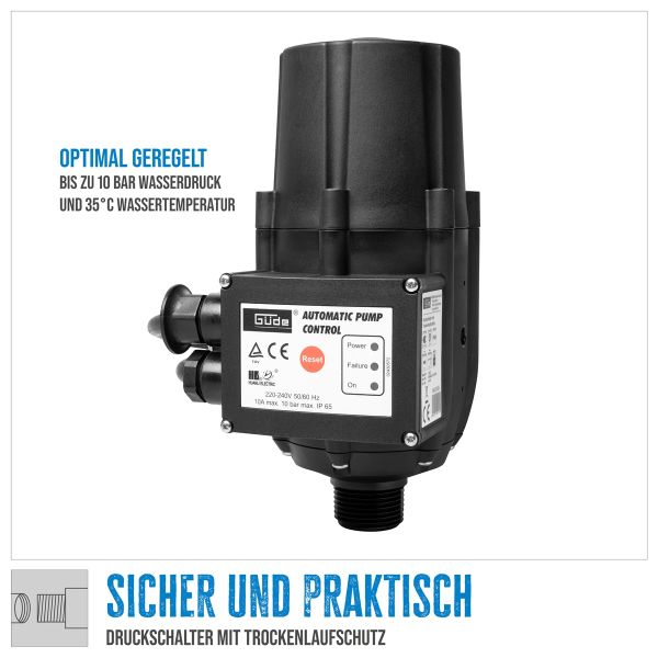 GÜDE Druckschalter mit Trockenlaufschutz für Wasserpumpen Schalter mit Manometer 