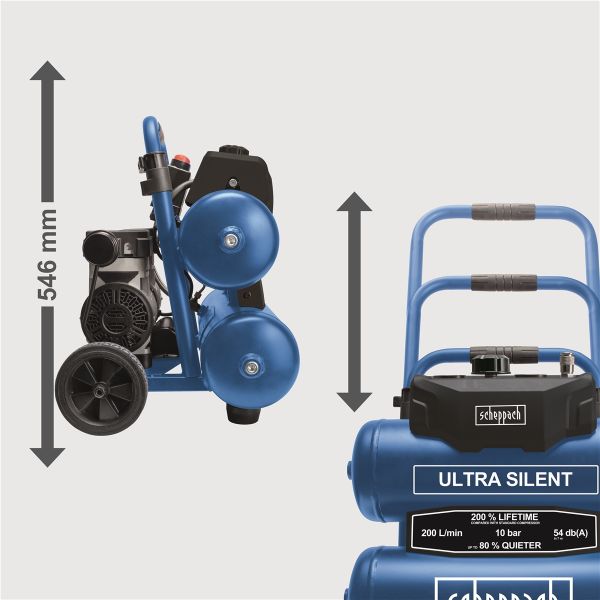 SCHEPPACH HC20SI Twin Druckluft Kompressor 10 bar 20l 1800 W Ölfrei sehr leise 
