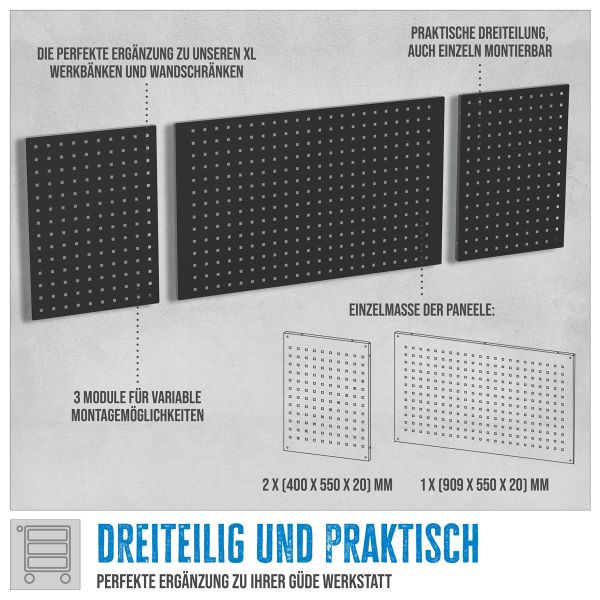 GÜDE Lochwand Set GL 1709 XL Rückwand 3-teilig Werkzeughalter 9x9 Lochmatrix 