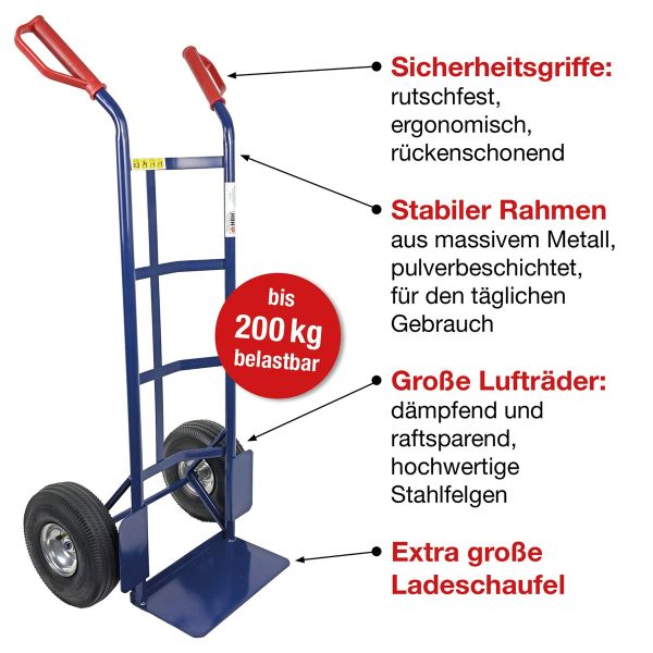 HBH® Sackkarre 200kg Luftreifen TK200LU01 blau Transportkarre mit Luftrad  