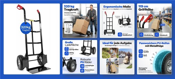 HBH Profi Schwerlast Sackkarre robuste Transportkarre 320kg pannensicher PU-Rad  