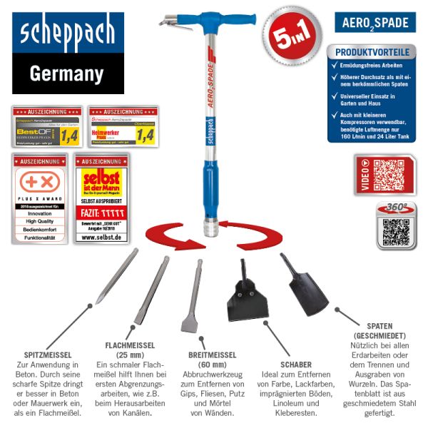 SCHEPPACH Druckluft Spaten Meißel Hammer 5in1 Werkzeug für Kompressor Aero²Spade