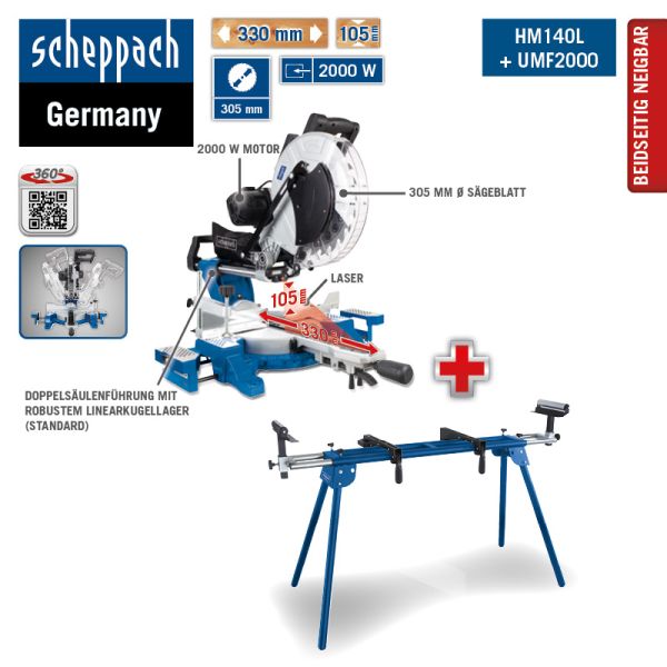 SCHEPPACH Kappsäge Gehrungssäge HM140L SET mit Untergestell Sägetisch  UMF2000