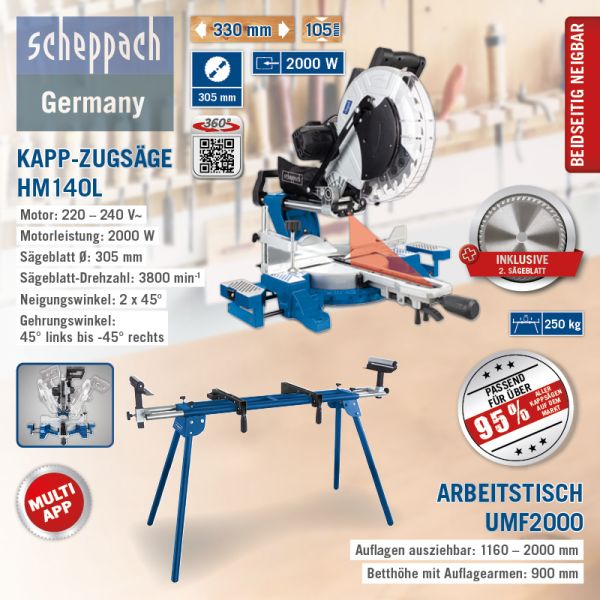 SCHEPPACH Kappsäge Gehrungssäge HM140L SET mit Untergestell Sägetisch UMF2000