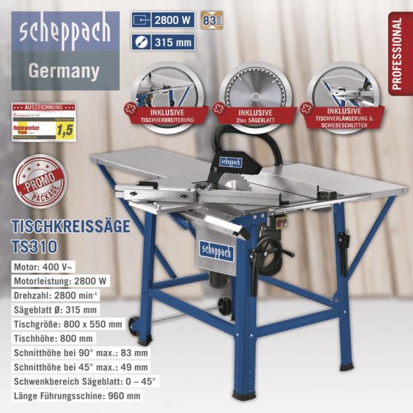 SCHEPPACH TS310 Tischkreissäge Kreissäge Tischsäge Holzsäge mit 2.Sägeblatt 400V 