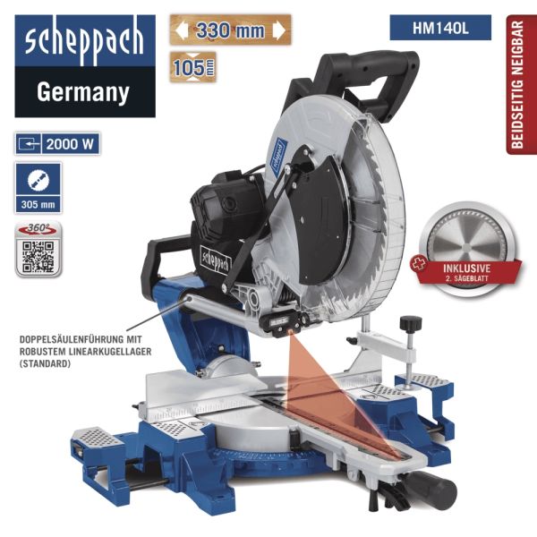 Scheppach Kappsäge Gehrungssäge Zugsäge HM140L mit 2. Sägeblatt Laser 2000W