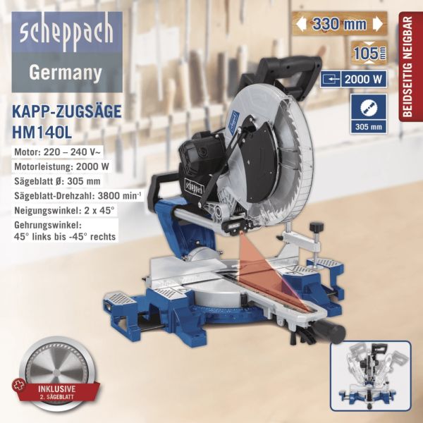 Scheppach Kappsäge Gehrungssäge Zugsäge HM140L mit 2. Sägeblatt Laser 2000W