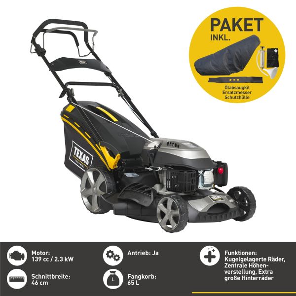 TEXAS Rasenmäher Benzin mit Antrieb Motormäher 46cm 139cm³ RL 460TR/W Set 4in1