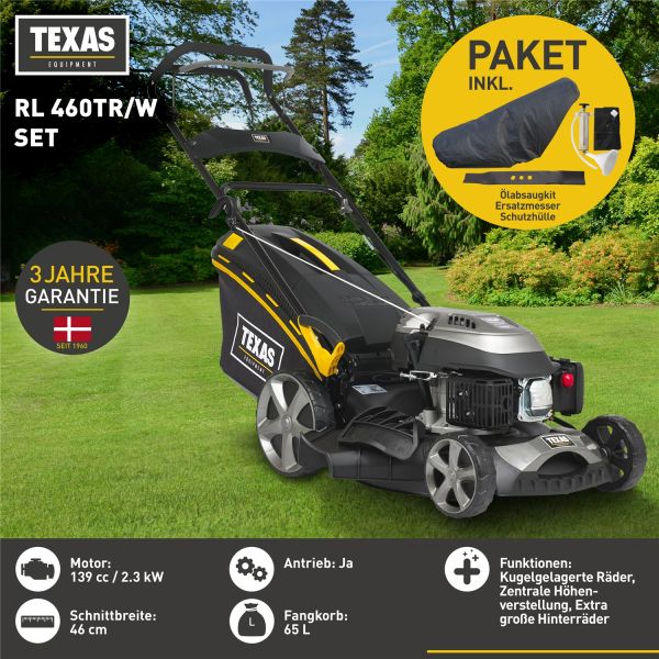 TEXAS Rasenmäher Benzin mit Antrieb Motormäher 46cm 139cm³ RL 460TR/W Set 4in1
