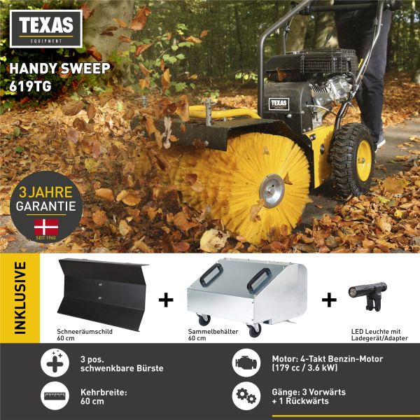 Texas Kehrmaschine Benzin Laubsammler Schneeräumer 60cm Handy Sweep 619TG 3in1 inkl. Kehrbesen Schneeschild Sammelbehälter LED-Leuchte
