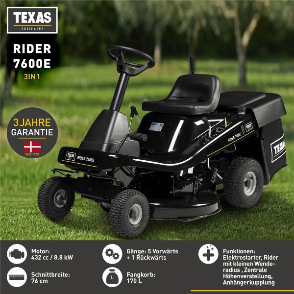 TEXAS Rasenmäher Traktor Rasentraktor Aufsitzmäher Aufsitzrasenmäher Rider 7600E 3in1 | 12PS | 432ccm | 5Vor+1R | AHK | E-Start | 76cm