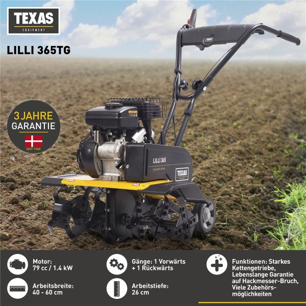 TEXAS Benzin Gartenfräse Motorhacke Bodenhacke Lilli 365TG Set mit Pflug + Räder 